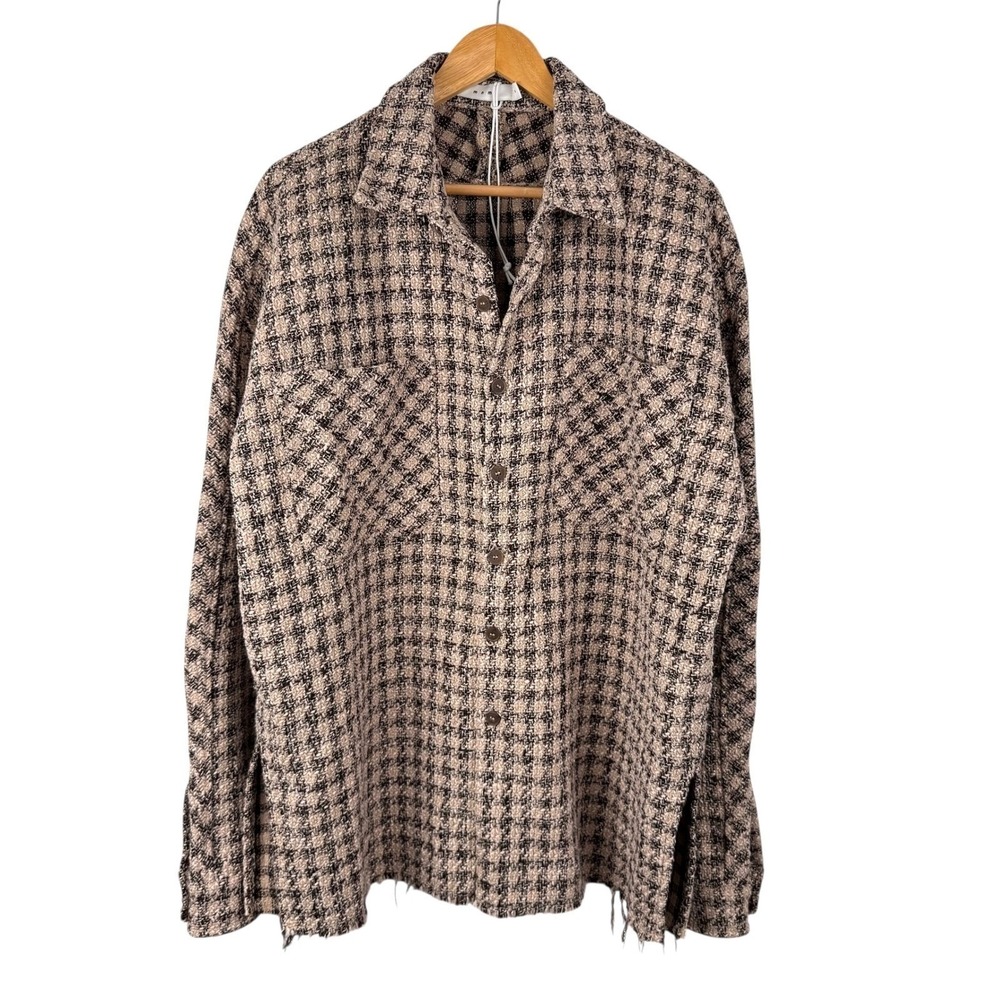 MNML‎ Metallic Herringbone Boucle Shacket Womens M Tan Plaid Thick Frayed Hem